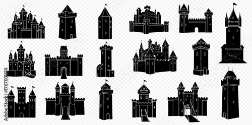 Silhouetted castles and towers of various designs on a transparent background.