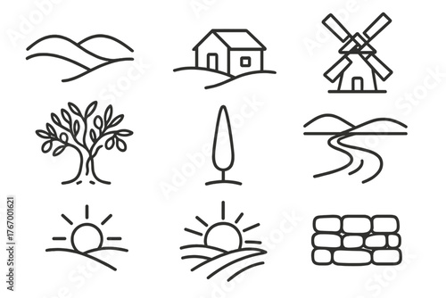 Countryside Line Icons. Line style icons of Countryside scenery: hills, farmhouse, windmill, olive tree, cypress, river, sun,