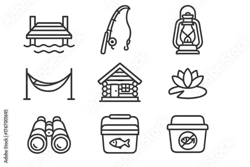 Lake Life Icons. Line style icons of Lake life: dock, fishing rod, lantern, hammock, cabin, water lily, binoculars, cooler box, No