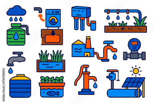 Sustainable Water Solutions. Isometric vector illustration set Sustainable Water Management: rainwater harvesting tank, greywater