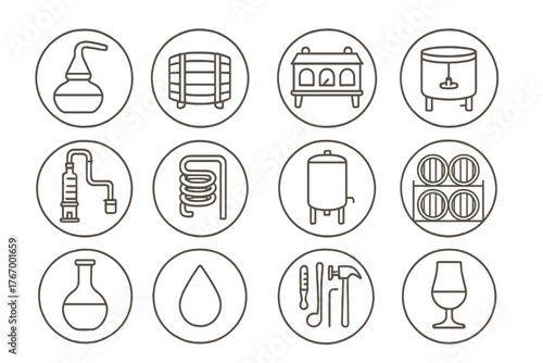 Distillery Icons Collection. Line style icons of distillery in round shape: copper still, barrel, spirit safe, mash tun;