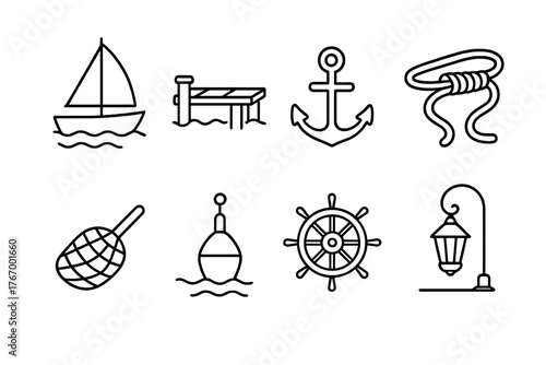 Harbor Line Icons. Line style icons of Harbor: Sailboat, Dock, Anchor, Mooring Rope, Fishing Net, Buoy, Ship Wheel, Pier Lamp, No