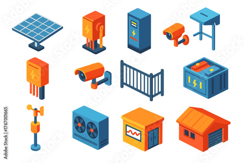 Solar Farm Elements. Isometric vector illustration set Solar Farm Components: solar panel row, tracking motor, combiner box,