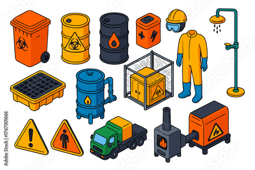 Hazardous Waste Icons. Isometric vector illustration set Hazardous Waste Disposal: biohazard waste bin, chemical waste barrel, oil