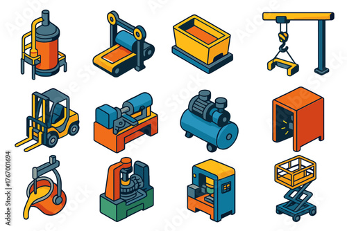 Industrial Equipment Icons. Isometric vector illustration set Heavy Industry Equipment: steel foundry furnace, rolling mill,