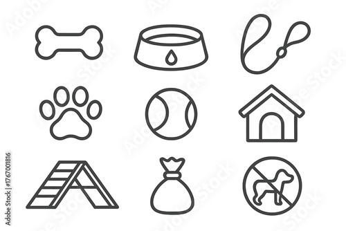 Dog Park Icons. Line style icons of Dog Park: Dog Bone, Water Bowl, Leash, Paw Print, Ball, Kennel, Dog Agility Ramp, Waste Bag,
