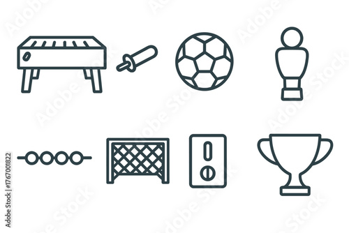 Foosball Icons Set. Line style icons of Foosball: Table, Handle, Soccer Ball, Player Figure, Score Beads, Goal Net, Coin Slot,