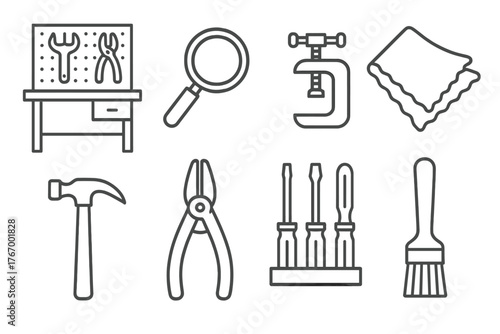 Repair Workshop Icons. Line style icons of Repair workshop: workbench, loupe, clamp, polishing cloth, hammer, pliers, screwdriver