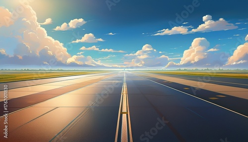 empty airport runway on a sunny day with clouds on the horizon generative ai