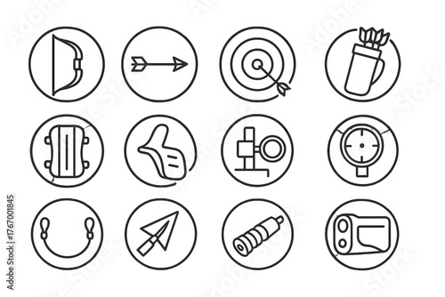 Archery Equipment Icons. Line style circular vector icons of Archery: Bow, Arrow, Target, Quiver; Arm Guard, Finger Tab, Arrow