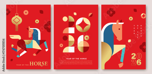 Set of 2026 Chinese new year, year of the Horse poster, cover, greeting card templates design in modern geometric style. Chinese translation: Spring

