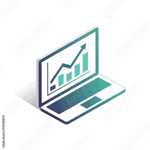 Isometric laptop displaying a rising bar graph with an upward trend arrow.