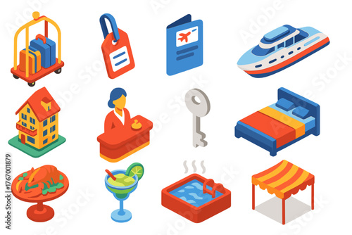 Travel Hospitality Icons. Isometric vector illustration set Travel and Hospitality: cabin trolley, luggage tag, flight ticket