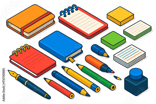 Colorful Stationery Set. Isometric vector illustration set Stationery: notebook, sketchpad, spiral notepad, diary, sticky notes,