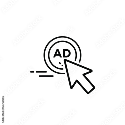 Mouse cursor clicking on an 'AD' icon, representing online advertising and digital marketing concepts.