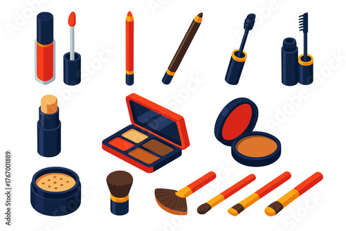 Vibrant Makeup Essentials. Isometric vector illustration set Makeup Essentials and Accessories: lip gloss, lip liner, brow pencil,