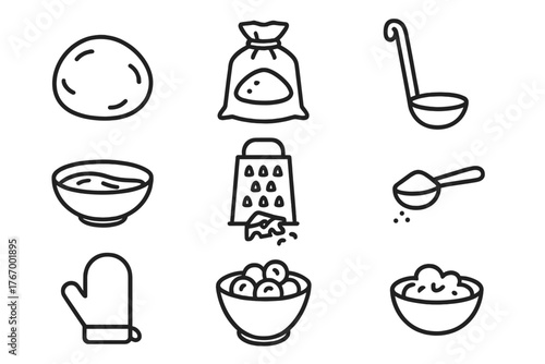 Pizza Making Icons. Line style icons of Pizza Making: Dough Ball, Flour Sack, Ladle, Sauce Bowl, Cheese Shredder, Measuring Spoon,