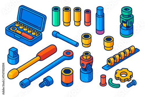 Colorful Tool Icons. Isometric vector illustration set Tools: socket set, deep sockets, spark plug socket, universal joint,