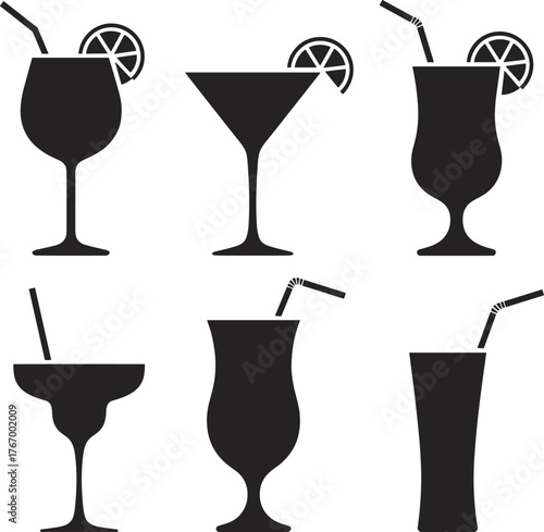 Cocktail glass silhouettes, citrus garnish icons, drinkware shapes, barware design, black beverage graphics, straw detail, party drink symbols