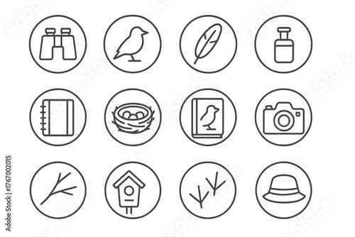 Birdwatching Icon Set. Line style circular vector icons of Birdwatching: Binoculars, Bird Silhouette, Feather, Bird Call Device;