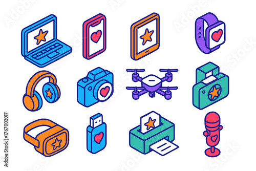 Tech Gadget Icons. Isometric vector illustration set Outline Tech Favorites: outlined laptop with star, outlined smartphone with