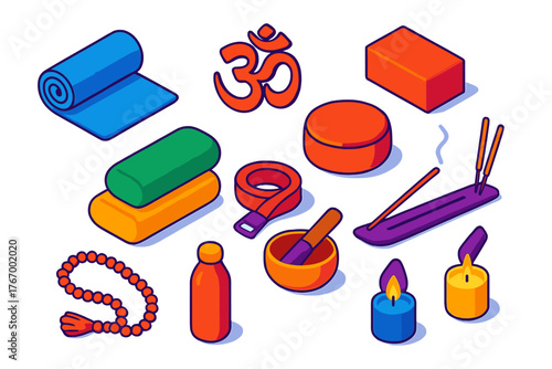Yoga Essentials Icons. Isometric vector illustration set Yoga and Mindfulness Essentials: yoga mat, OM symbol, meditation cushion,