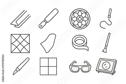 Stained Glass Craft Icons. Line style round vector icons of Stained Glass: Lead Came, Glass Cutter, Solder, Rose Window; Pattern