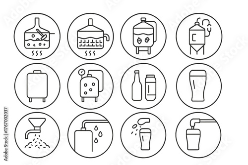 Brewing Process Icons. Line style icons of brewing process steps in round shape: mashing, lautering, boiling, fermenting;