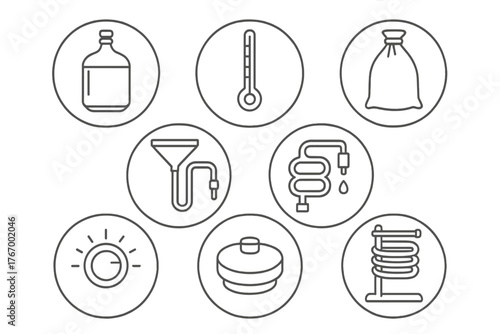 Distillery Equipment Icons. Line style icons of distillery equipment in round shape: glass carboy, thermometer, hydrometer,