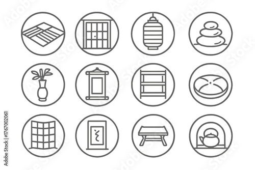 Japanese Tea Room Icons. Line style round vector icons of Tea Room Elements: Tatami Floor, Sliding Door, Paper Lantern, Zen Rock;