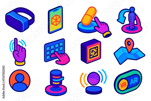 VR & AR Interface Icons. Isometric vector illustration set VR and AR Interface Icons: VR headset view, AR overlay on phone, 3D