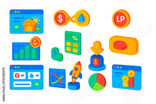 Yield Farming Icons. Isometric vector illustration set Yield Farming and Liquidity Mining: farm interface, liquidity pool pair