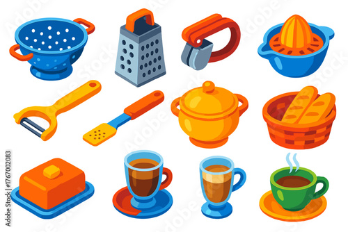 Vibrant Kitchen Essentials. Isometric vector illustration set Kitchen and Dining Elements: colander, box grater, garlic press,