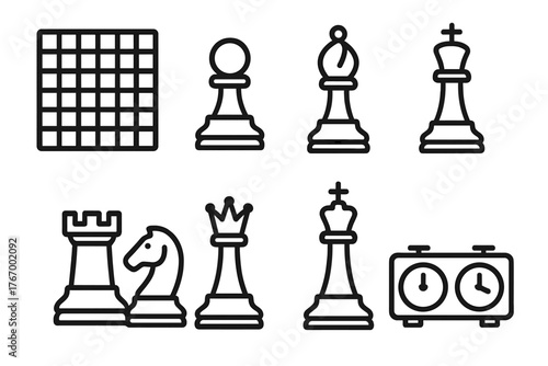 Chess Icon Collection. Line style icons of Chess: Chessboard, Pawn, Knight, Bishop, Rook, Queen, King, Clock, No text, No labels,