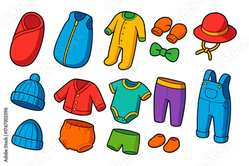 Vibrant Baby Essentials Icons. Isometric vector illustration set Baby Essentials: swaddle wrap, sleep sack, baby pajamas, mittens,