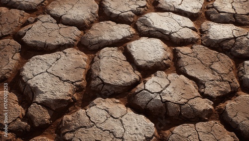 Close-up view of cracked, dry earth, resembling a textured, reddish-brown and light-gray paving.  The surface is broken into irregular, polygonal shapes