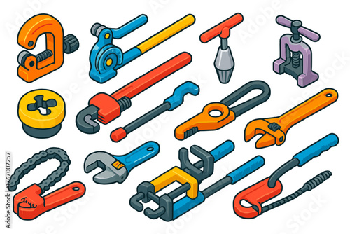 Plumbing Tools Icons. Isometric vector illustration set Tools: pipe cutter, tube bender, pipe reamer, flaring tool, threading die,