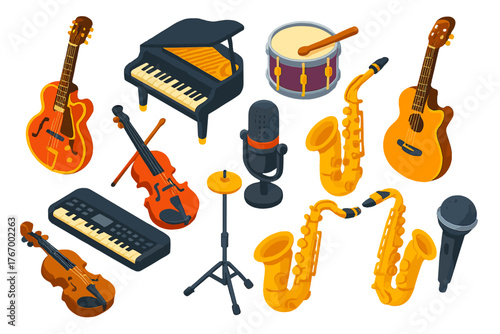 Vibrant Musical Instruments. Isometric vector illustration set music instruments: jazz archtop guitar, grand baby piano, drum