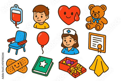 Pediatric Blood Donation Icons. Isometric vector illustration set Pediatric Blood Donation: small blood bag, child patient icon,