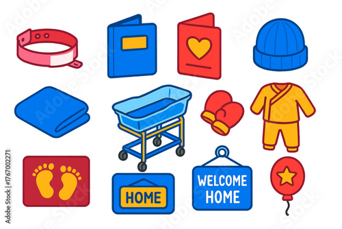Colorful Baby Essentials Set. Isometric vector illustration set Baby Essentials: hospital bracelet, birth certificate folder,