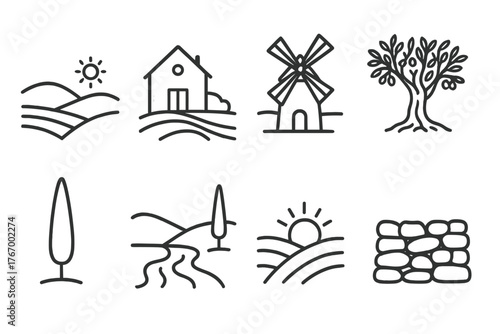 Countryside Line Icons. Line style icons of Countryside scenery: hills, farmhouse, windmill, olive tree, cypress, river, sun,