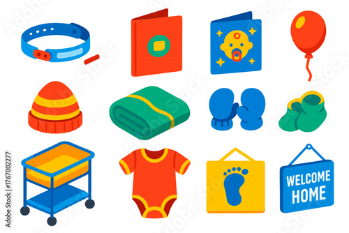 Colorful Baby Essentials Set. Isometric vector illustration set Baby Essentials: hospital bracelet, birth certificate folder,