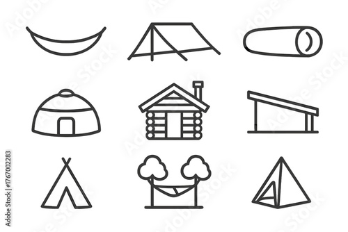Camping Shelter Icons. Line style icons of Camping shelter: hammock, tarp, bivy sack, yurt, cabin, lean-to, tipi, tree tent, No