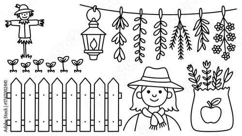 Vector art of black and white autumn garden scene with scarecrow and plants
