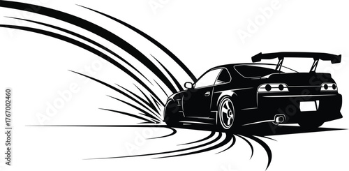 Dynamic vector illustration of a black sports car drifting with speed lines, capturing the essence of motion and performance, isolated on white background