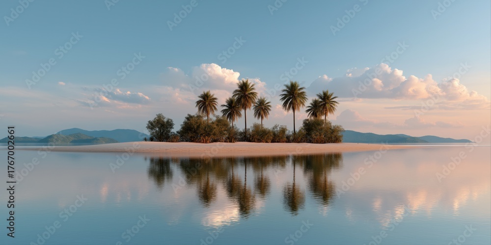 Fototapeta premium Serene tropical island landscape with palm trees and tranquil waters at sunset