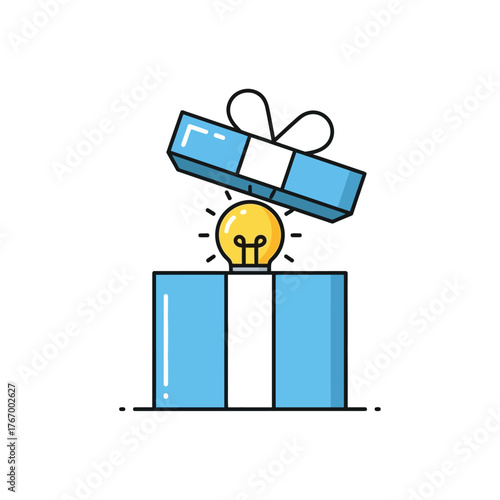 An open blue gift box revealing a glowing light bulb, symbolizing a new idea or innovation.