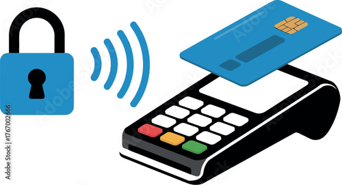 Vector art of secure payment concept with card reader and padlock