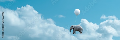 Surreal image of elephant floating in blue sky with white balloon and clouds