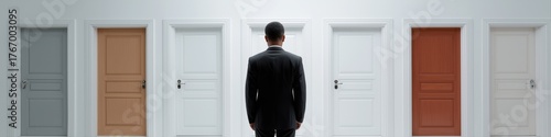 African male in suit facing multiple colored doors in decision-making dilemma